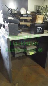 lot 214 image: Vintage photo flood lamp unit and assorted office and other items plus utility table