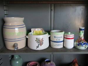 lot 46 image: Vintage Marshall Pottery Tea Crock with Spigot and Lid, Wesson oil crock, Delft hand painted signed vase and more