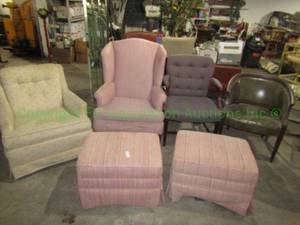 lot 68 image: Vintage barrel chair, wing back chair with ottoman and others as shown, 4 chairs 2 ottomans