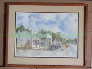 lot 443 image: Artist signed & numbered 287  750 Jack Schmitt Golden Shells Vintage Shell gas station framed print with COA