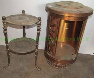 lot 203 image: Decorative heavy duty cylinder safe (locks have been removed) and brass accent stand