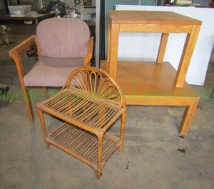 lot 204 image: Solid oak wood framed chair, accent tables (2) and ratan accent shelf