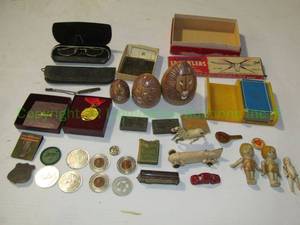 lot 206 image: Assorted antique collectibles including Victorian era dolls, Tootsie toy cars and more as shown