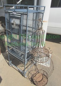 lot 380 image: Antique pendant style bird cage (missing door) and full size bird cage 51 x 18 x 18