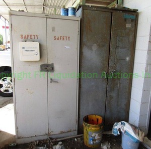 lot 390 image: Metal double door storage cabinets and contents of paint plus as shown