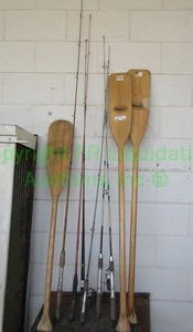lot 401 image: Fishing rods and some reels plus wood boat oars