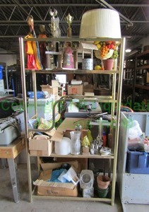 lot 238 image: Gold tone display shelf and contents including decor and more