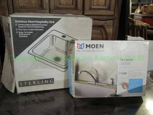 lot 279 image: Moen sink faucet and Sterling brand stainless steel sink