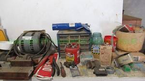 lot 361 image: LOT OF ASSORTED ITEMS INCLUDING A MOTOR, SANDER, OIL AND MORE