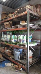 lot 350 image: CONTENTS OF SHELF INCLUDING COFFEE MUGS, PAINTS, SHOP VAC AND MORE