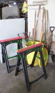 lot 341 image: SAWHORSES SET, SHOVELS, RAKES, AND MORE