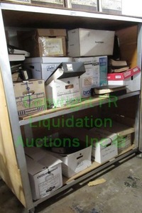 lot 327 image: SHELVING UNIT ON CASTERS (METAL FRAME AND WOOD SHELVES) WITH CONTENTS