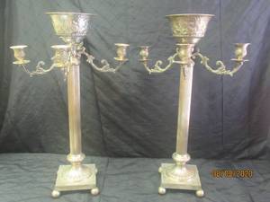 lot 28 image: DUO ANTIQUE SILVER 30 HEIGHT 4 ARM CANDELABRA CANDLE HOLDERS WITH CENTER TOP FLOWER BOWL FLOEER STANDING OR TABLE TOP&nbsp