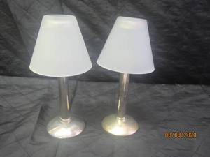 lot 44 image: DUO FROSTED SHADE SILVER TEA LIGHT CANDLE HOLDERS&nbsp