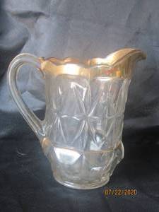 lot 489 image: ANTIQUE DEPRESSION GLASS WATER PITCHER GOLD TRIM