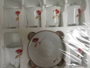 lot 35 image: 4-NEW-Sets Of Ceramic, 6-Cup And Saucers Chocolate Sets.-Red