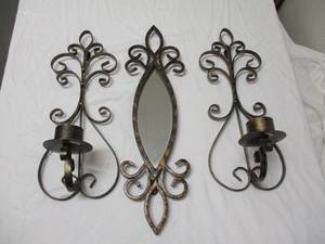 lot 64 image: 2-Metal Wall (Multi-Size) Candle holders, And  Decorative Metal Wall Mirror
