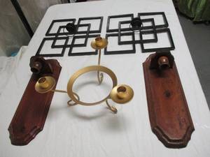 lot 65 image: 5-Candle Holders, 2-Wooden Wall, 2-Decorative Metal Wall, 1-Decorative Metal Table.