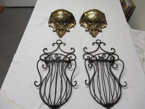 lot 71 image: Lot-4-Wall Sconces, 2-Folding Metal Sconces  With Jewels, And 2-Gold Tone Plastic Sconces