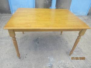 lot 240 image: WOOD DINING TABLE&nbsp&nbsp4FT L X 3FT X 30 H&nbsp&nbspNEED 2 SCREWS TO ATTACH ONE LEG&nbsp SEE PICS&nbsp