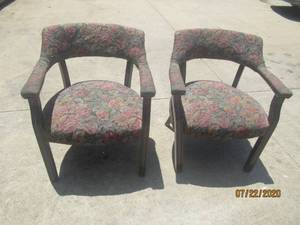 lot 252 image: DUO ANTIQUE FABRIC ARM CHAIRS&nbsp&nbspONE HAS DAMAGE TO ARM OF CHAIR&nbspSEE PIC&nbsp