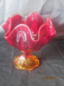 lot 263 image: AMBERINA RED AND YELLOW GLASS CANDY BOWL WITH RUFFLE STYLE EDGE&nbsp