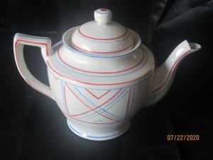 lot 275 image: VINTAGE STRIPED TEA POT&nbsp&nbspRED,GREEN,BLUE&nbsp