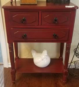 lot 51 image: WOOD ACCENT 3-DRAWER SIDE TABLE (23.75 W X 31 H X 13 D)