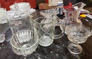 lot 400 image: GLASSS LIDDED CANDY DISH, PITCHERS AND MORE