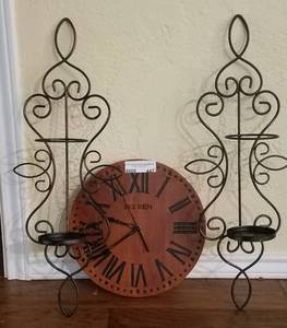 lot 447 image: WOODEN CLOCK AND SET OF SCONCES