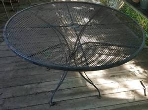 lot 470 image: LARGE ROUND WROUGHT IRON STYLE PATIO TABLE
