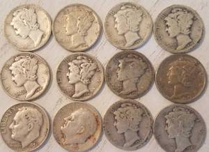 lot 583 image: 12 PRE-1960 SILVER DIMES (BIDDING BY THE  PIECE)