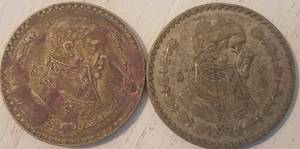 lot 588 image: LOT OF 2 MEXICAN CINCO PESOS COINS (1957 AND 1961)