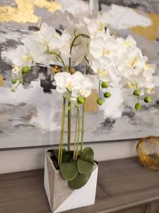 lot 38 image: Faux White Orchids in Ceramic Vase