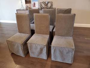 lot 42 image: Six Downey Grey Upholstered Skirted Dining Chairs