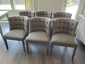 lot 53 image: Six Rounded Back Button Tufted Linen Blend Chairs