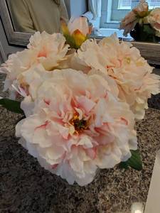 lot 79 image: Pink Faux Flowers in Glass Vase