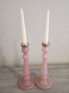 lot 128 image: Pair of Pink Glass Candle Holders with Candles