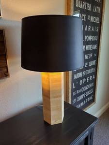 lot 146 image: Wood Hexagon Shaped Lamp with Black Shade