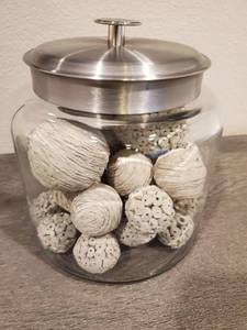 lot 157 image: Lidded Glass Jar with Decorative Balls
