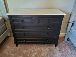 lot 176 image: Black Wood 5-Drawer Dresser with Stone Top