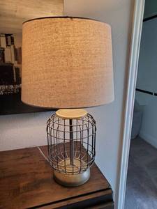 lot 178 image: Metal Cage Lamp with Khaki Linen Shade