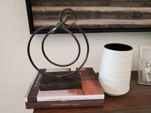 lot 65 image: Metal Sculpture, Vase & Books