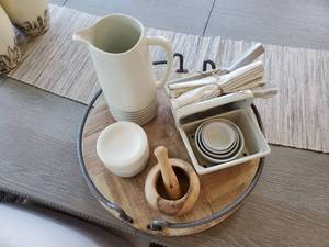 lot 123 image: Wood Tray with Kitchen Accessories