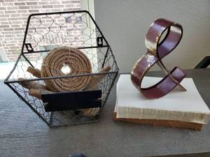 lot 170 image: Metal Hanging Basket with Jute, Red Metal & Symbol & 2 Books