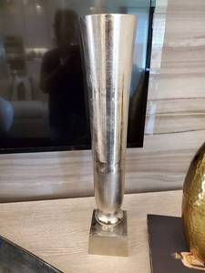 lot 222 image: Tall Silver Metal Vase on Attached Pedestal