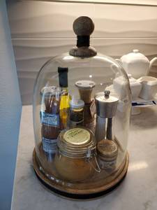 lot 230 image: Glass & Wood Cloche with Assorted Food Items