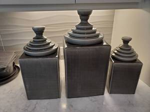 lot 235 image: 3 Crackled Grey Ceramic Lidded Containers