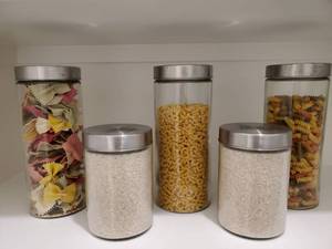 lot 248 image: Decorative Rice & Pasta in Lidded Glass Containers