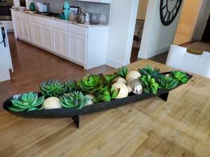 lot 15 image: Large Metal Container with Decorative Balls & Faux Succulents